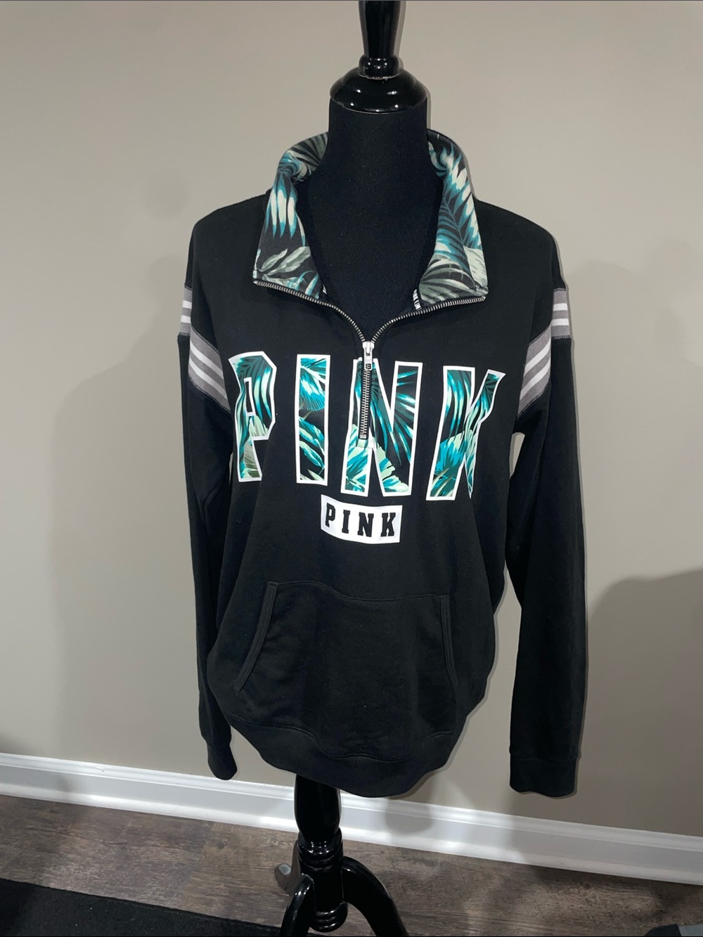 PINK summery Victoria's Secret Black Pullover with Teal and White Leaf Accent